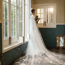 Сапфировая свадебная фата цвета слоновой кости/шампанского, 4 м, аппликация храм, Длинная фата Velo De Novia, свадебная фата, свадебные аксессуары