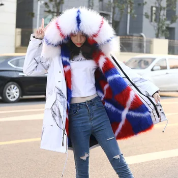 

parka jacket women middle long FAUX fox fur liner raccoon dog fur collar fur like fur detachable autumn winter wool cotton coat
