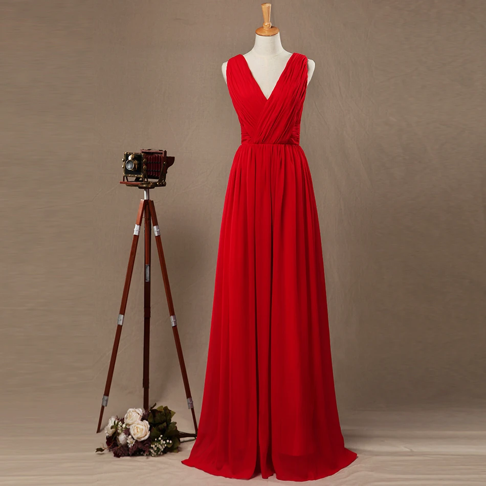 

Sexy Red Chiffon Evening Dress V Neck Floor Length robe de soiree A Line Formal Dress Back Cross Strap