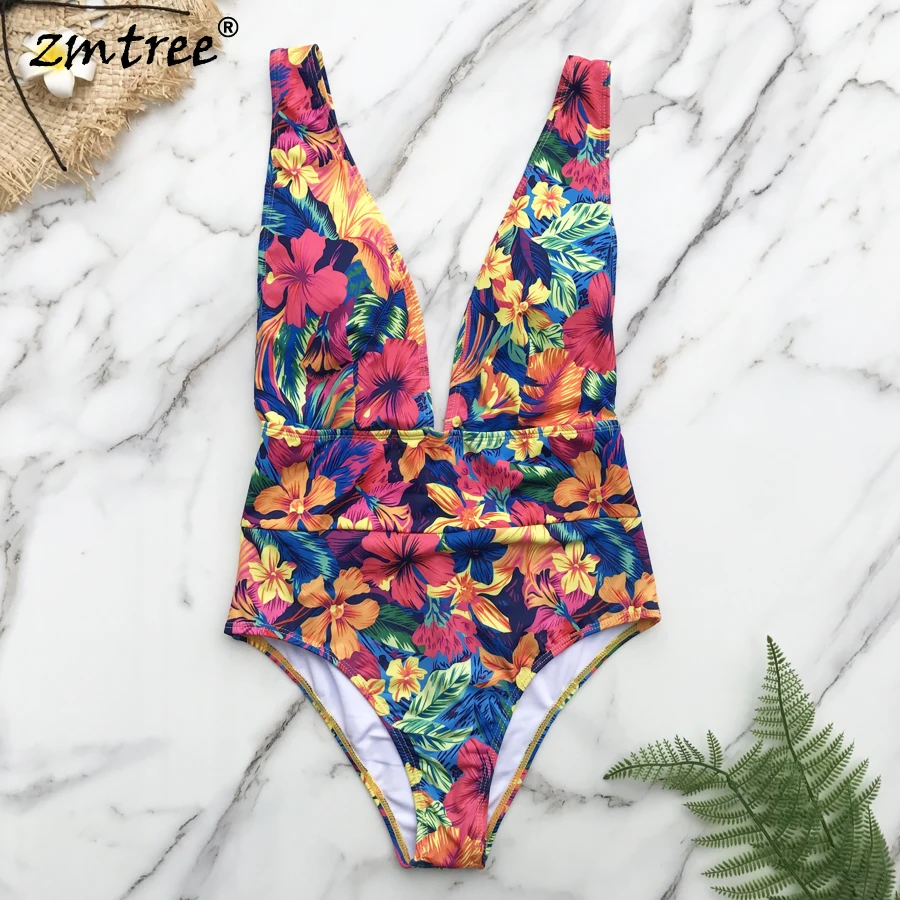 ZMTREE Sexy V-neck Swimwear Floral Printed Solid Women One Piece Swimsuit High Leg Cut Bodysuit Monokini Push Up Beachwear 2020 |