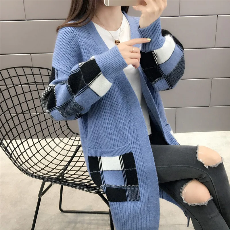 blue cardigan Woherb вязаный длинный свитер женский фонарь рукав плед, кардиган повседневные свободные топы женские корейские модные новые открытые строчки 90695 - Цвет: blue cardigan