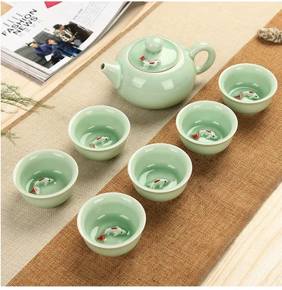 Longquan Celadon fish tea set ceramic teapot kettle ceramic tea cup fish chinese kung fu set drinkware 1pot+6cups tea set