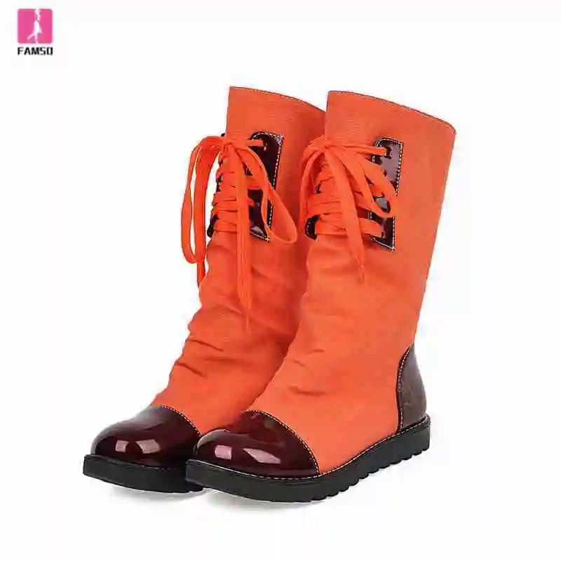 

FAMSO 2019 New Arrival Women Boots Mid-Calf Lace-up Waterproof Riding Boots Winter Keep Warm Fashion Snow Boots Shoes