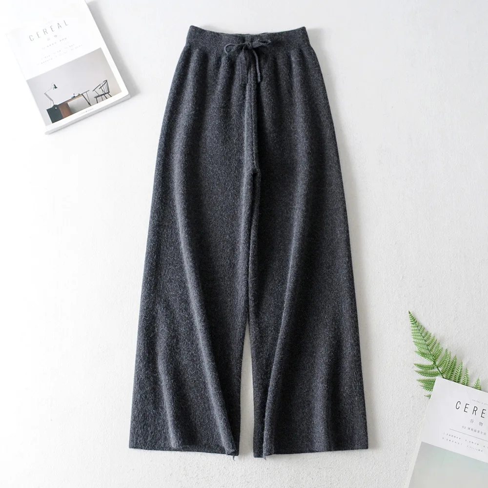 

Loose Pants Autumn And Winter Lace-up Knitted Capri Women's Thick Solid Color High-waisted Casual Loose Straight Outer Wear Yarn