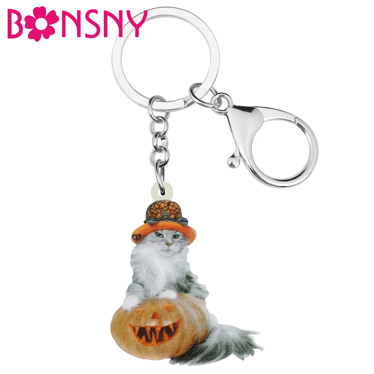 Bonsny Acrylic Halloween Cute Cat Keychains Long Kitten Pumpkin Lantern