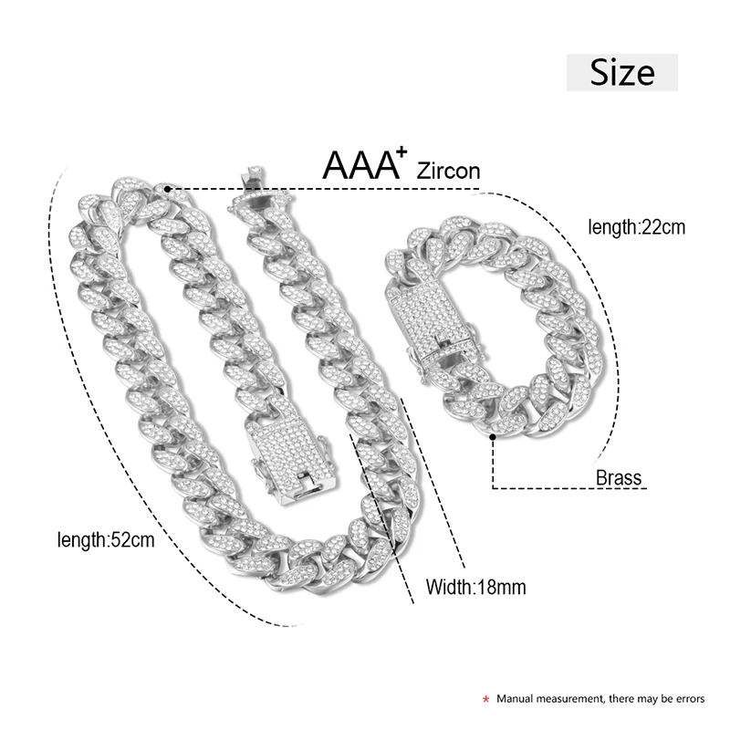 Мужской браслет со льдом в стиле хип-хоп, ожерелье, ювелирные изделия 18 мм, кубинское ожерелье, цепочка, ювелирные изделия, Золотые и Серебряные со стразами, CZ застежка Ювелирная