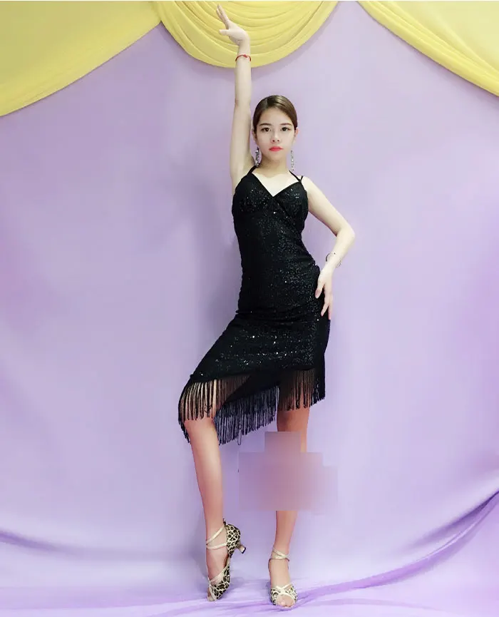 New Latin Dance Competition Dresses V-Neck 1920s Flapper Dress 4colors Salsa Dress Tight Sequins Latin Dance Costume