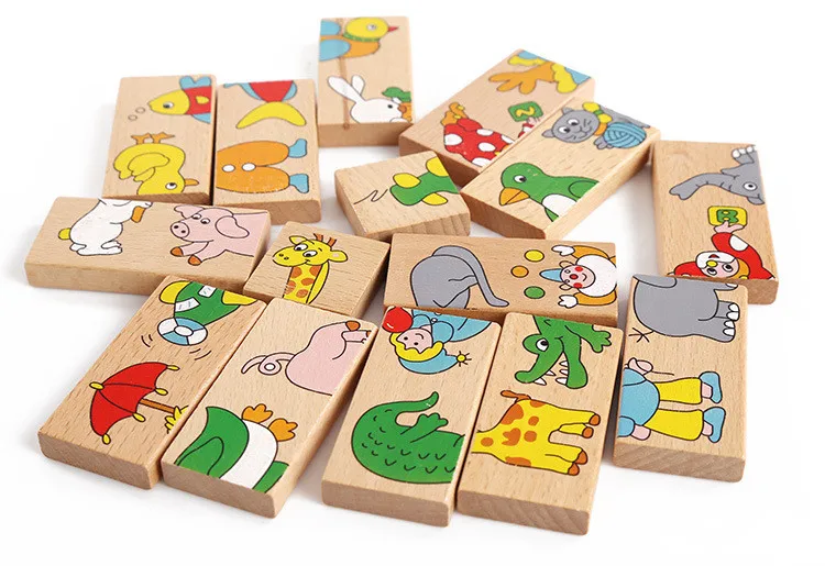 Educational Toys For Baby Early Childhood Cognitive Toys 14pcs Animal Domino Puzzles Toys Wooden Puzzles Domino Blcoks Kids Wy4