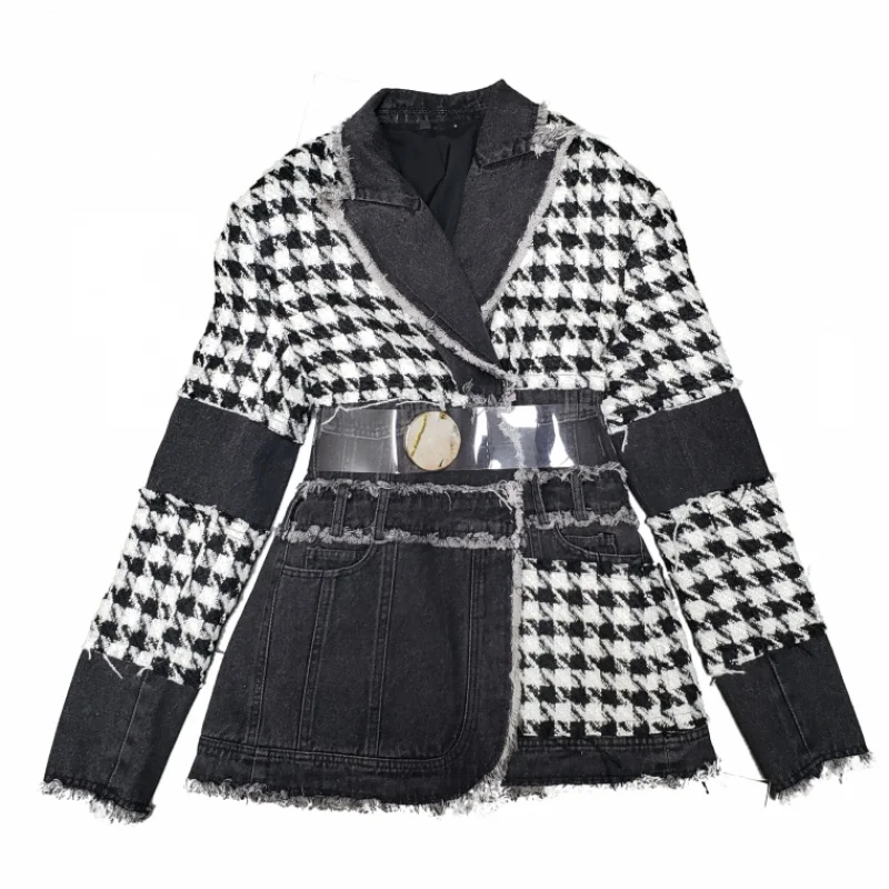 Jacket fashion wool woven personality stitching woolen denim suit coat