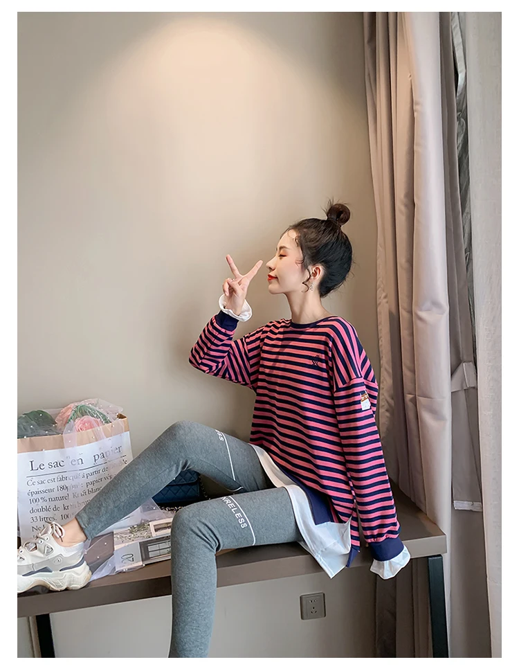 Maternity Autumn Clothes Embroidery Long Sleeve O-Neck Fleece Patchwork Striped Pregnant Women Sweatshirts Loose Cotton Hoodies