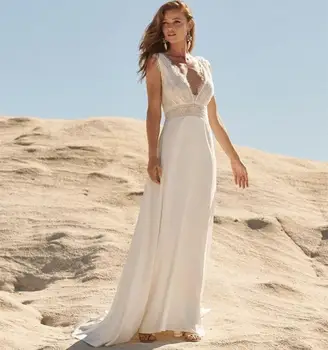 

Wedding Dress Boho 2020 Sexy V-Neck Sleeveless A-Line Chiffon Lace Appliques Simple Bohemian Bridal Gowns robe de mariée bohème
