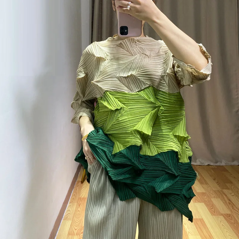 Changpleat весна лето новые женские топы футболки Miyak плиссированные Модные свободные большие размеры 3/4 рукав Лоскутная женская футболка