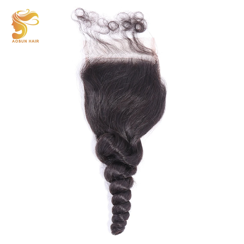 

AOSUN HAIR Brazilian Remy Human Hair Loose Wave 4"x4" Free/Middle Part Lace Closure With Baby Hair 1 Piece Natural Color