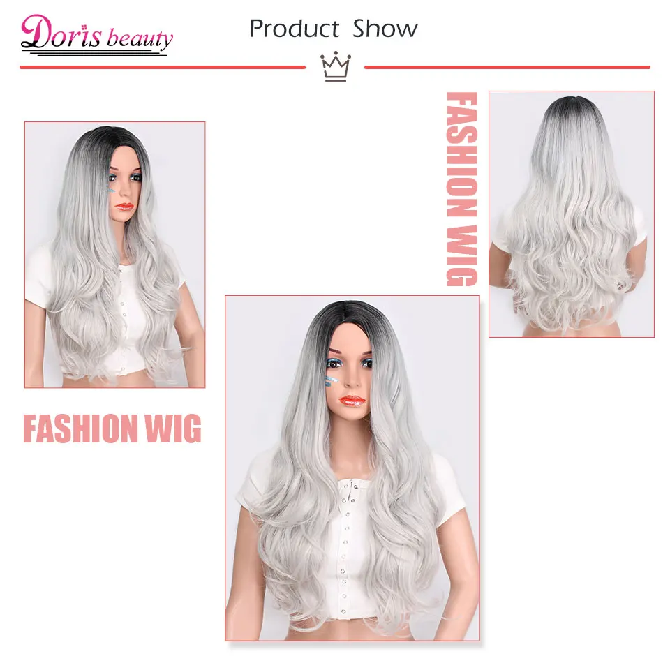 Doris beauty Synthetic Long Wavy Ombre Gray Wig for Woman Cosplay Wig Brown Red Black Blonde Heat Resistant Fiber 6 Doris beauty Synthetic Long Wavy Ombre Gray Wig for Woman Cosplay Wig Brown Red Black Blonde Heat Resistant Fiber 6