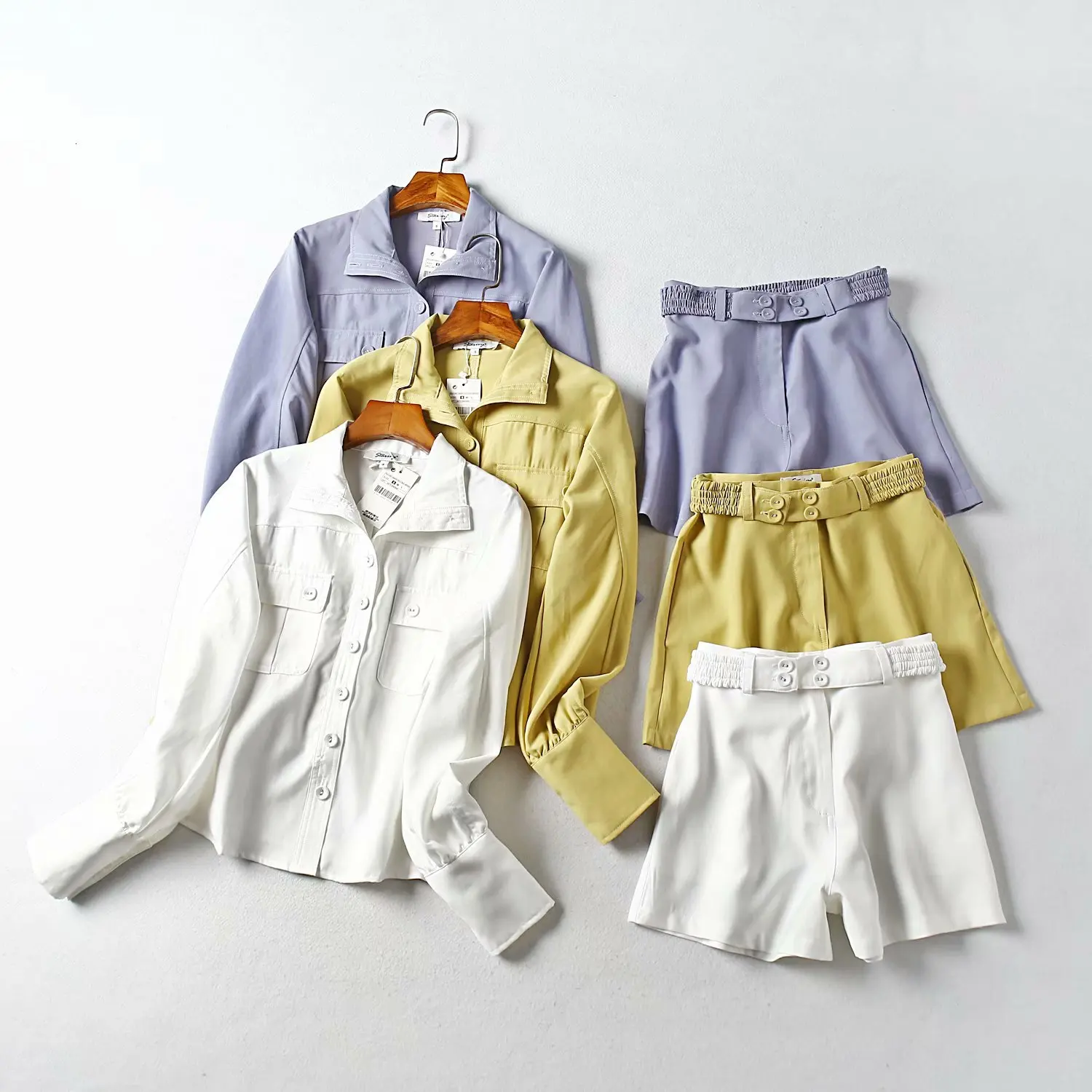 Leisure White Two Piece Set Women Long Sleeve Lapel Shirts High Waist Shorts Korean Ladies Set