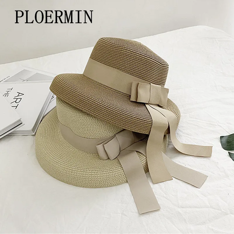 

Temperament Summer Sun Hats Women Fashion Straw Hat Ribbon Bow Beach Hat Casual Vacation Flat Top Panama Hat Bone Feminino