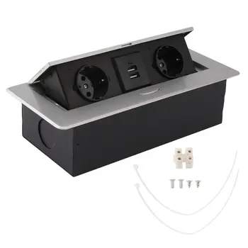 

Practical Silver Round Side Desktop Conference Table Pop-Up Socket 2 Outlets Plug + 2USB Inserts Multipurpose Sockets EU Plug