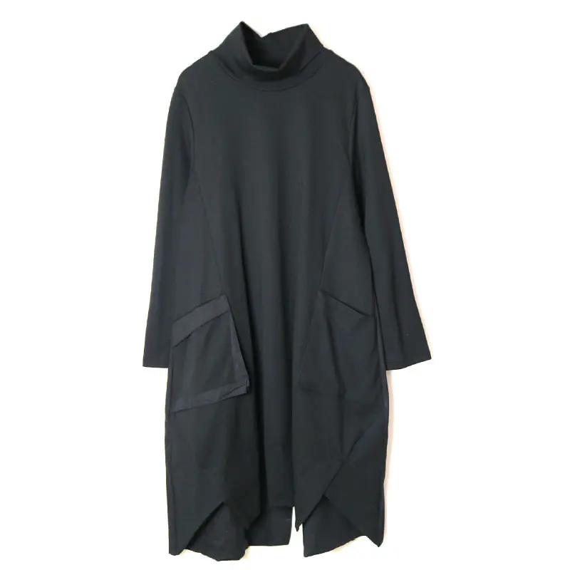 black WLD3047 XITAO Сплит черное необычное платье Женская мода черный карман Длинный Элегантный осень длинный рукав ТРАПЕЦИЕВИДНОЕ ПЛАТЬЕ WLD3047 - Цвет: black WLD3047