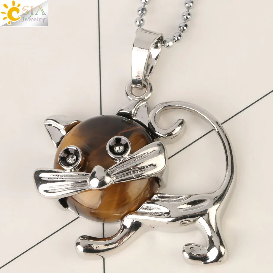Tiger Eye Chain Csja милое животное, кошка Медальон натуральный камень фиолетовый кристалл розовый с кварцевым тигровым глазом целебные ювелирные изделия для женщин девочек Ожерелья G240 - Окраска металла: Tiger Eye Chain