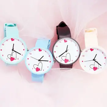 

Cartoon Girl Children Strawberry Heart Roman Numerals Round Dial Quartz Wrist Watch Silicone Candy Jelly Color Student Clock