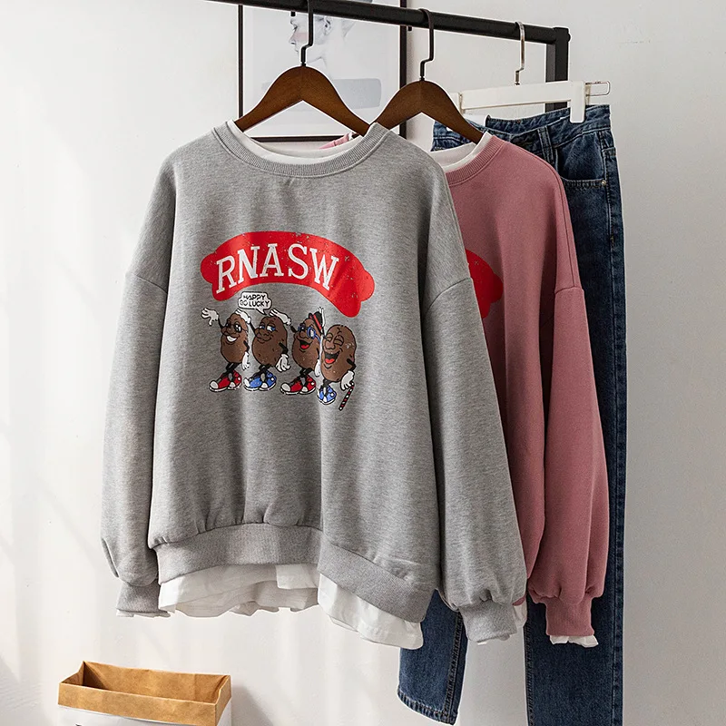 New Korean version of the cartoon print fleece round neck female fake two-piece headcoat