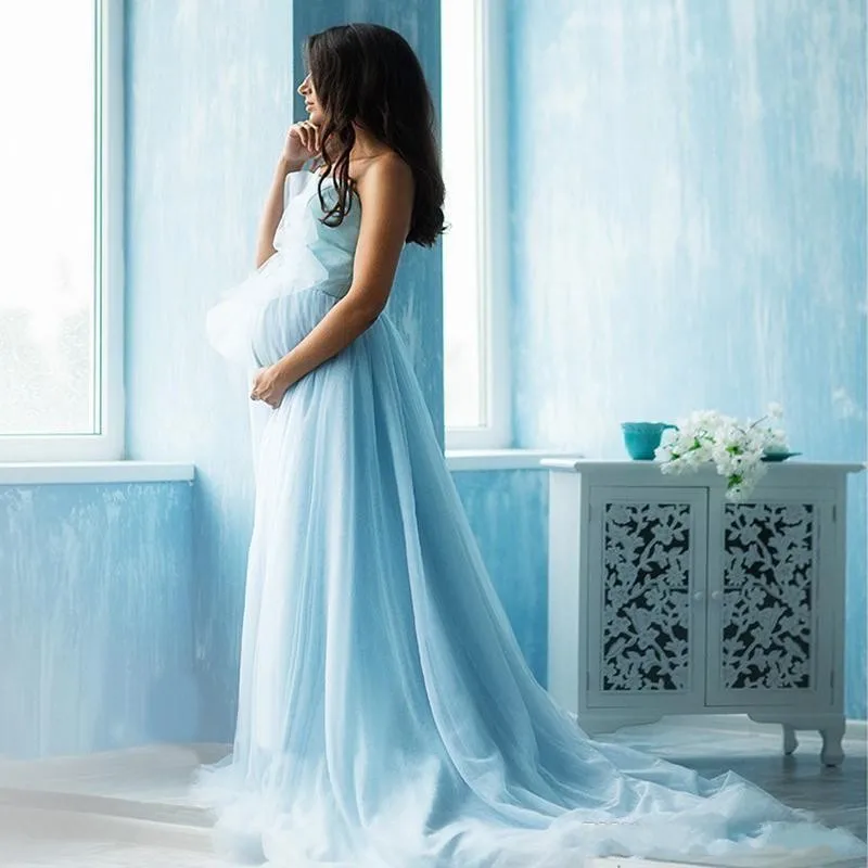 Без бретелек небесно-голубого цвета, беременности и родам вечерние платья с юбкой из тюля с длинным шлейфом; платье для фотосессий для беременных женское платье для выпускного