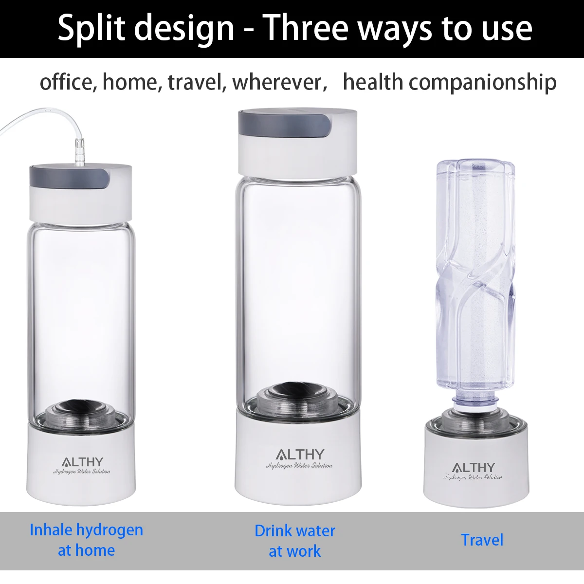 Althy Moleculaire Waterstofrijke Watergenerator Fles-Glas Cupbody-Dupont Spe Pem Dual Chamber Lonizer-H2 Inhalatieapparaat