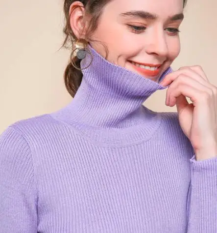 Light Purple Осенний свитер женский офисный Женский вязаный водолазка 15 цветные пуловеры растягивающаяся женская зимняя одежда - Цвет: Light Purple