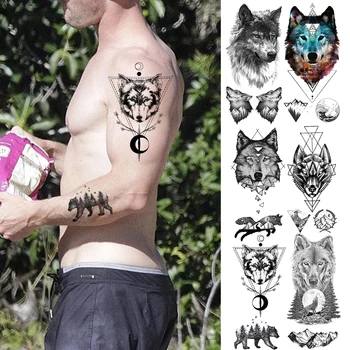 

Coyote Wolf Bear Temporary Tattoos For Women Geometric Fake Mountain Tattoo Realistic Black Men's Fashion Tatoos Waterproof Arms