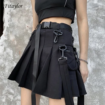 

Fitaylor Harajuku Sexy A Line Women Skirts Zipper Pleated Plaid School Strap Solid Female Casual Suspender Bottom Mini Skirts