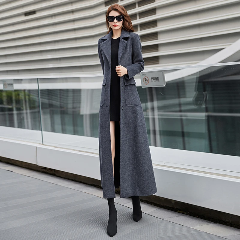 Autumn New Elegant Slim Dark Gray Thicken Wool Coat Female Turn-down Collar Single-breasted Outwear Plus Size Winter Long Coat