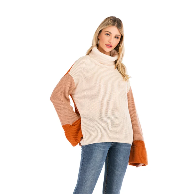 Turtleneck Sweater Woman Casual Winter Knitting Pullovers Long Sleeve Color Block Knitted Solid Jumper Women