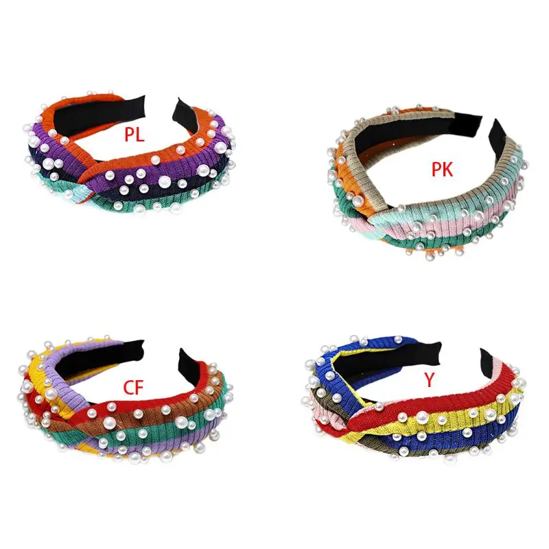 1PC Bohemian Rainbow Stripes Headband Women Ribbed Knit Wide Hair Hoop Imitation Pearl Beaded Twist Knotted Headwear
