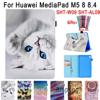 

Cute Cat Case for Huawei MediaPad M5 8 8.4 SHT-W09 SHT-AL09 Cover Painted Soft Shockproof Smart Tablet Shell + Pen