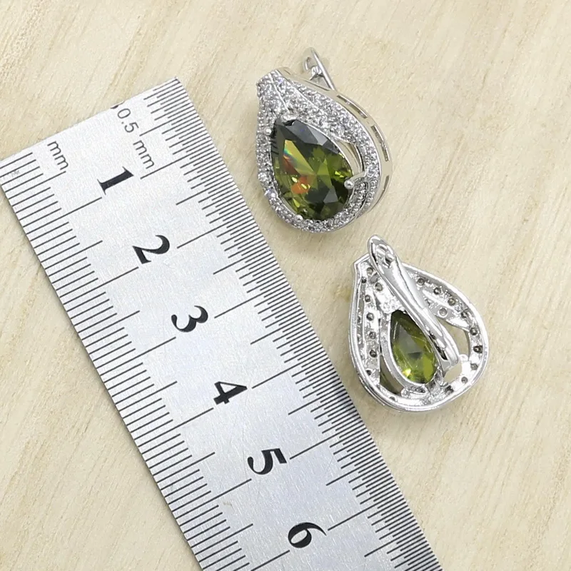 Green Peridot Zircon Silver 925 Jewelry Set Women Bracelet Earrings Necklace Pendant Ring Birthday Gift bridal jewelry sets,crystal jewelry sets,earring ring sets