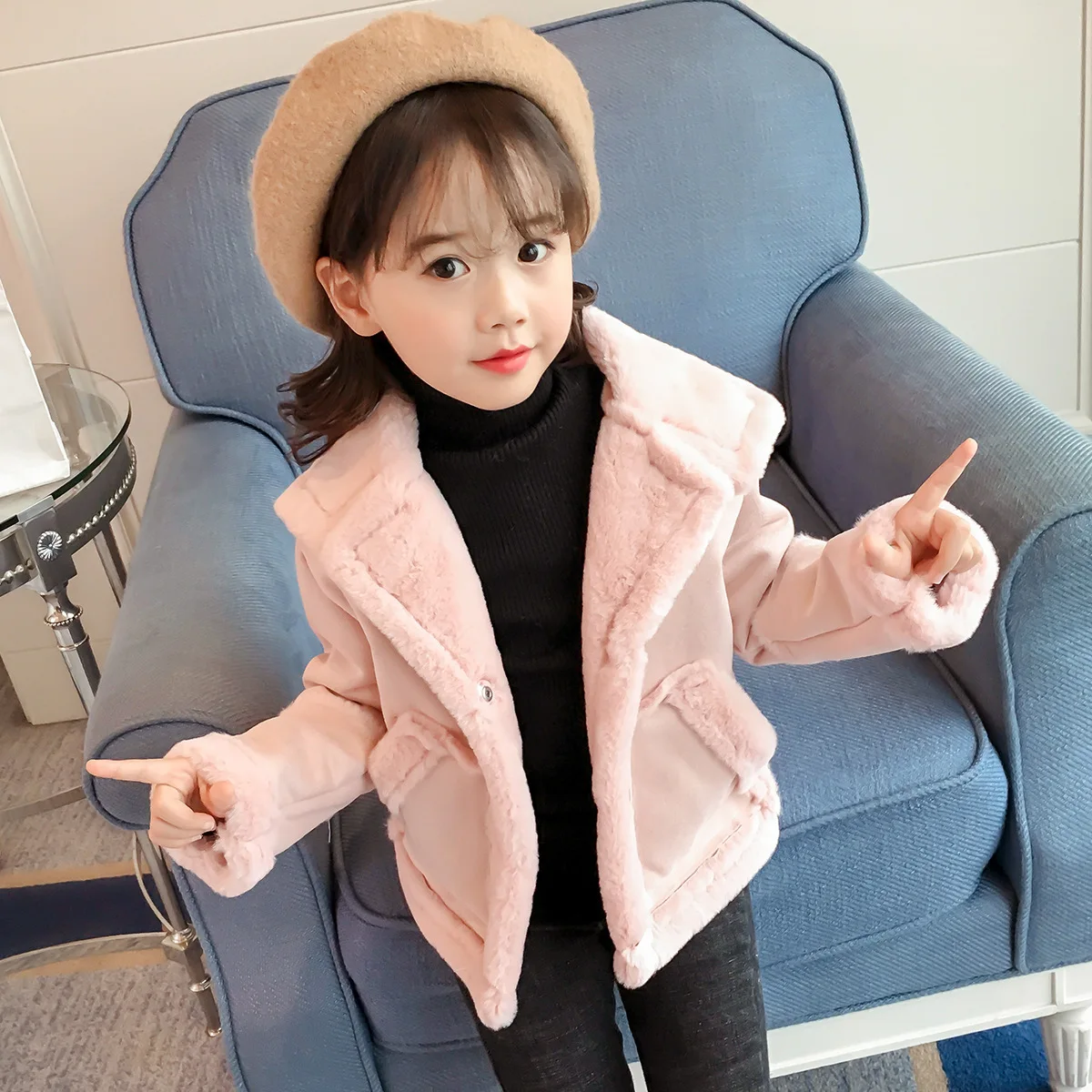 

CHILDREN'S Jacket 2018 Childrenswear Children Imitation Fur Suede Fur Fold-down Collar plus Velvet Jacket G853