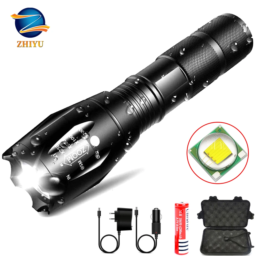 Tactical Flashlight Zoomable 20000 Lumens 3 Modes T6 LED 18650 Torch Lamp Light 