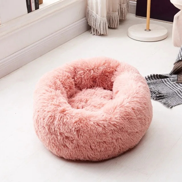 Pink Успокаивающая кровать для собак, Длинные Плюшевые пончики, круглые кровати для кошек для больших, для средних и мелких собак, кошек, мягкая удобная теплая кровать для домашних животных - Цвет: Pink