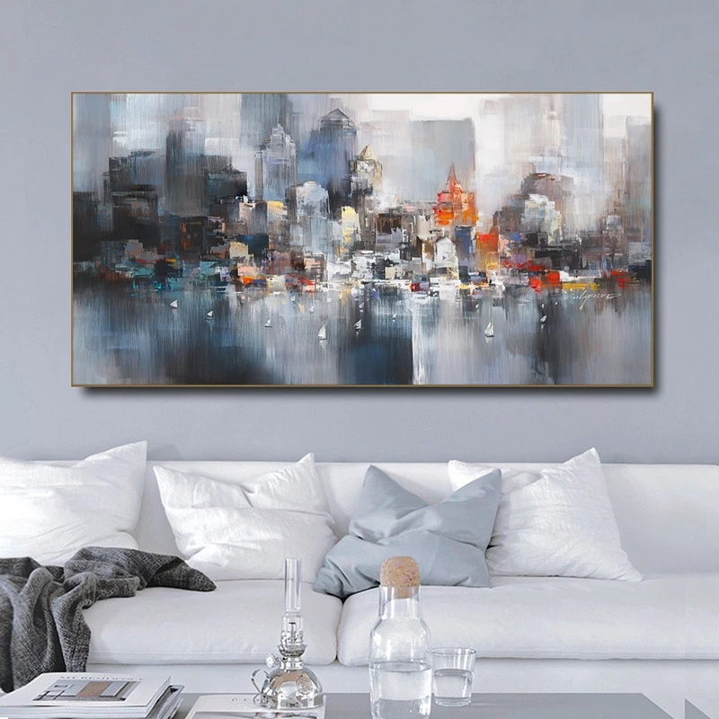 

Abstract Landscape Posters and Prints Wall Art Canvas Painting Lovers and City View Oil Painting Pictures for Living Room Decor