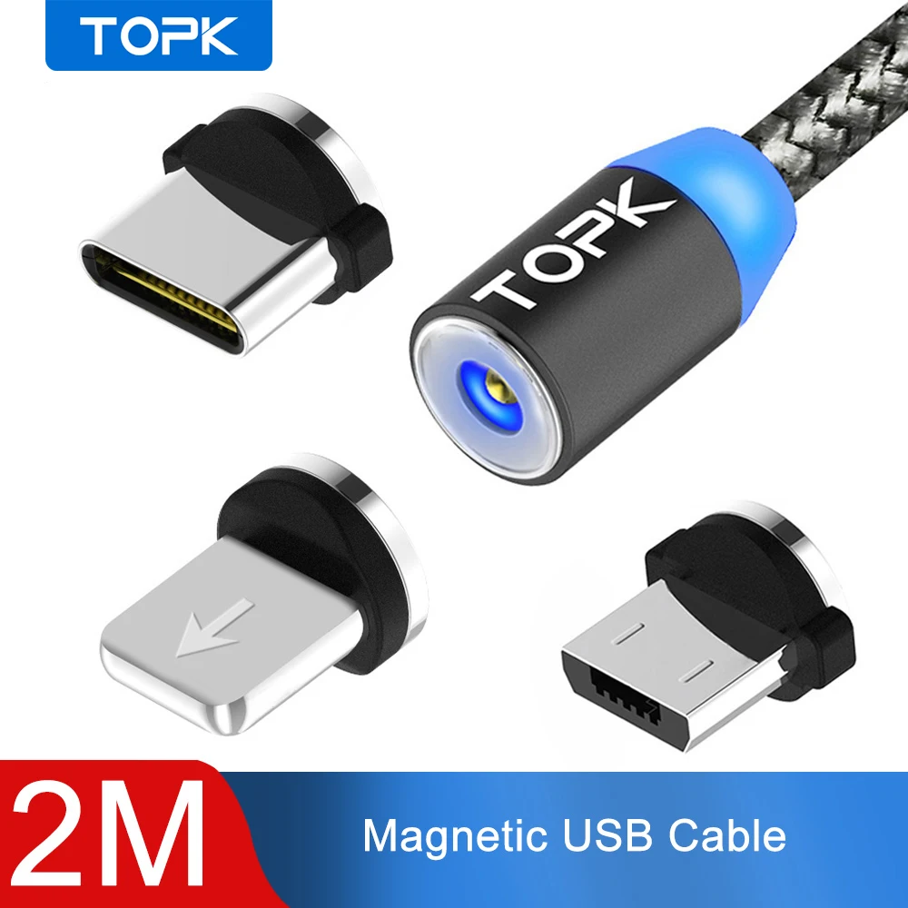 TOPK AM17 2M LED Magnetic USB Cable for iPhone Xs Max Micro USB Type C Cable Samsung Braided Phone Cable Magnet Charging Wire