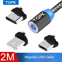 TOPK AM17 2M LED magnetyczny kabel USB dla iPhone Xs Max Micro USB typ C kabel Samsung pleciony kabel telefoniczny magnes przewód ładujący