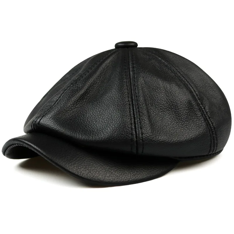 Hats Men Winter 100% Genuine Leather Warm Cap Male Beret Painter Boina Cowhide Octagonal Casquette Streetwear beret hat,woolen beret
