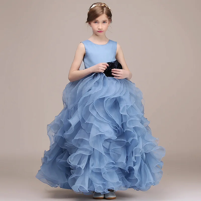 

Luxury Formal Birthday Party Dress For Kids Girl Blue Ruffles Organza Communion Princess Gowns Flower Girl Dresses For Wedding