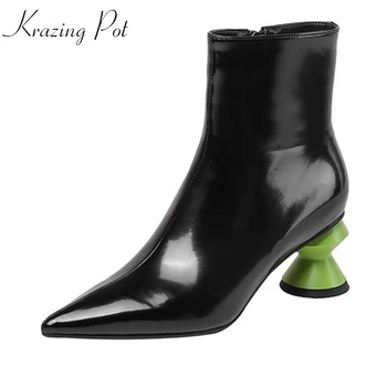 

Krazing pot genuine leather pointed toe strange style high heels Chelsea boots art design British school luxury ankle boots L9f2