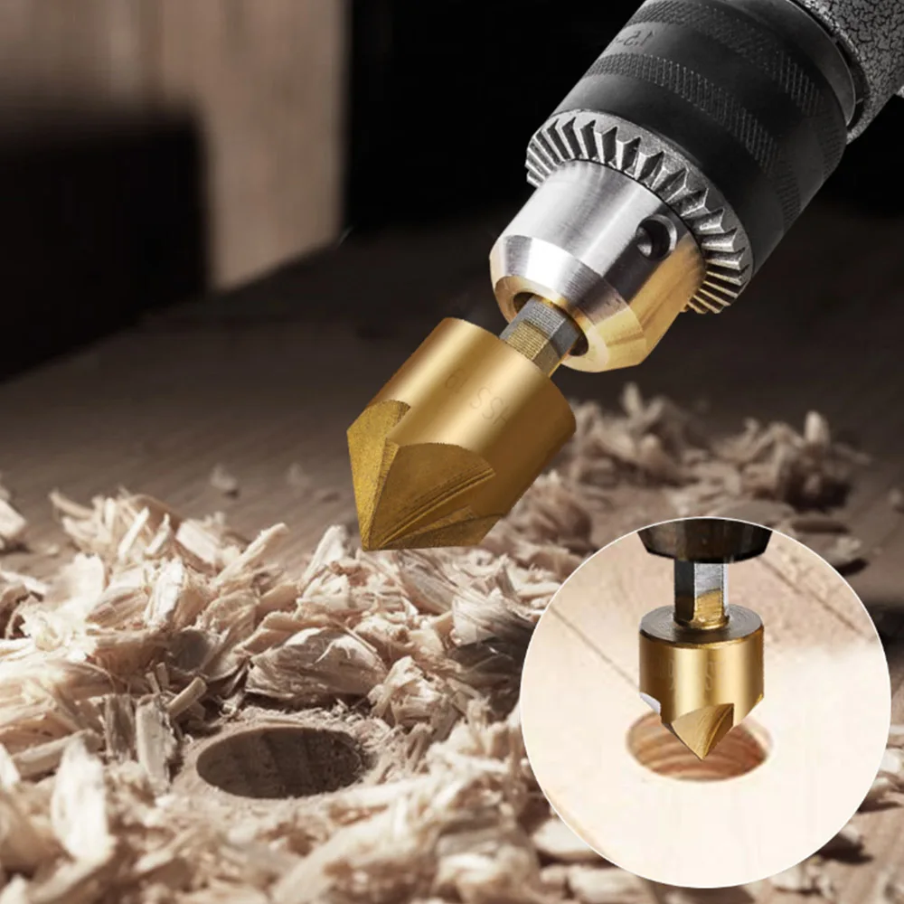 

6pcs Countersink Drill Bit Set HSS 5 Flute Wood Chamfering Cutter Round Shank For Power Tool