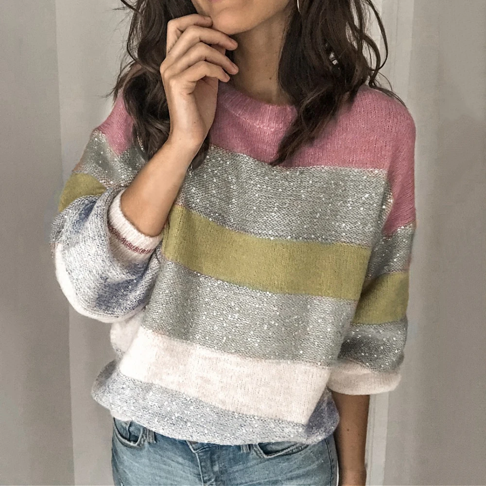 Модный лоскутный вязаный свитер с блестками, женский зимний теплый топ с круглым вырезом и длинным рукавом, пуловер, свитер, свободный свитер