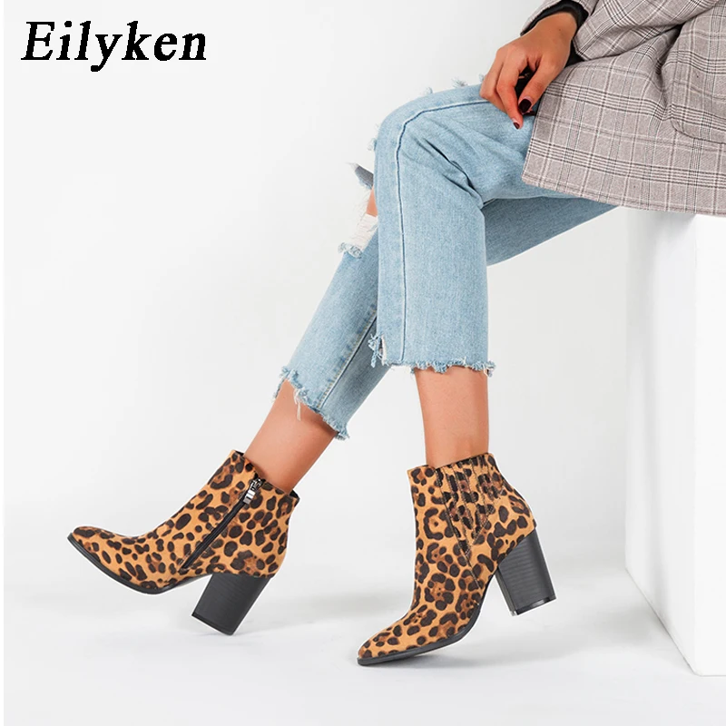 

Eilyken 2019 New Fashion Leopard grain High Heels Ankle Women Boots Round Toe Winter Zip Party Female botas altas Shoes Size 43
