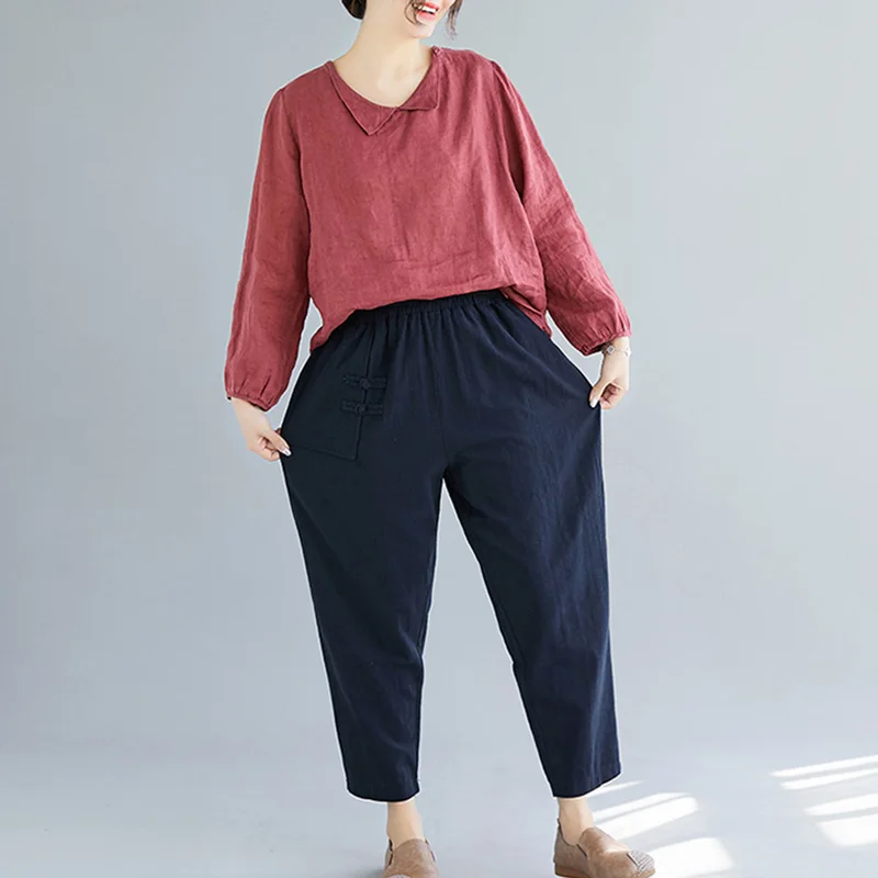 3XL мешковатые Женские брюки из хлопка и льна, одноцветные штаны с эластичной резинкой на талии и боковыми карманами, свободные Капри, штаны-шаровары большого размера