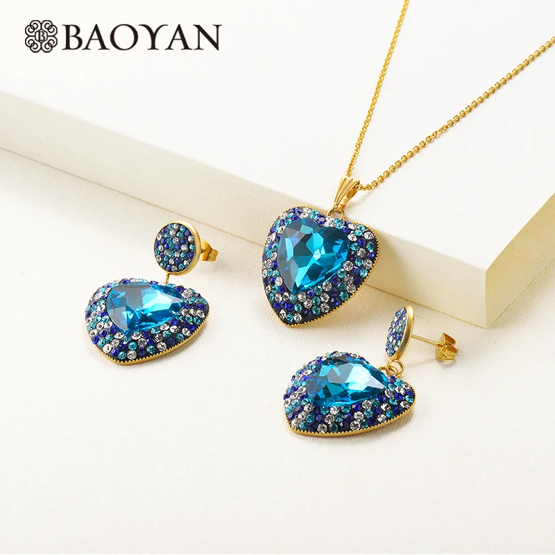 Baoyan, большой кристалл, сердце, ювелирный набор, кубический циркон, Свадебные Ювелирные наборы, роскошные золотые ювелирные наборы из нержавеющей стали для женщин