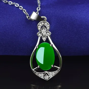 

Natural Green Jade Chalcedony Water Drop Agate Pendant 925 Silver Necklace Chinese Carved Fashion Charm Jewelry Amulet for Women